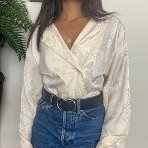 SOLD: ANNE KLEIN White Embroidered Silk Button Up